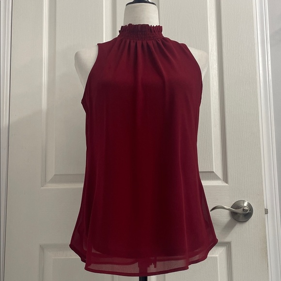 Elegant Sleeveless Burgundy Blouse Lined Ruched High Neck Back Zipper Sz XS - Picture 7 of 11